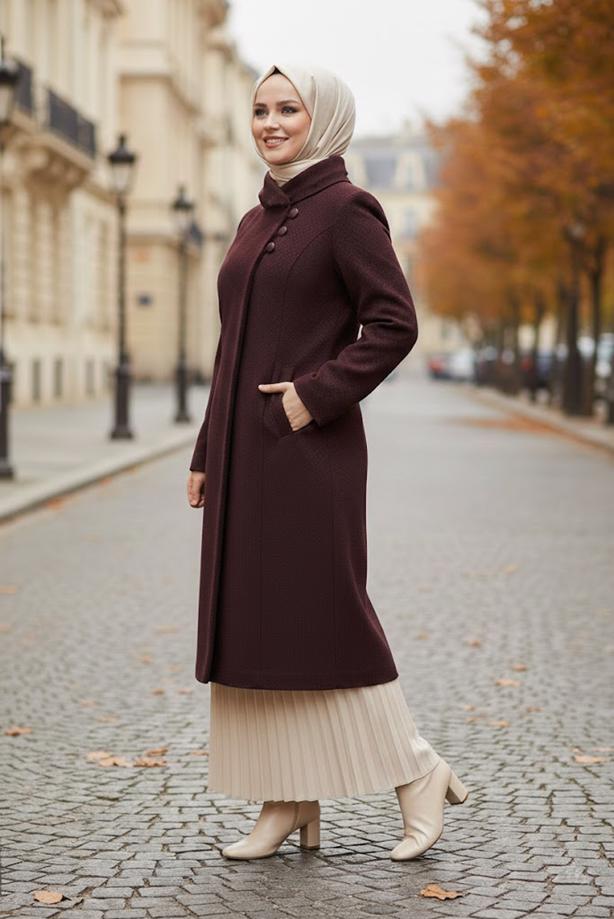 Vêtements hijab ROUGE BORDEAUX MANTEAU CACHE BOUTONNÉ 9611 - TRENDTESETTÜR