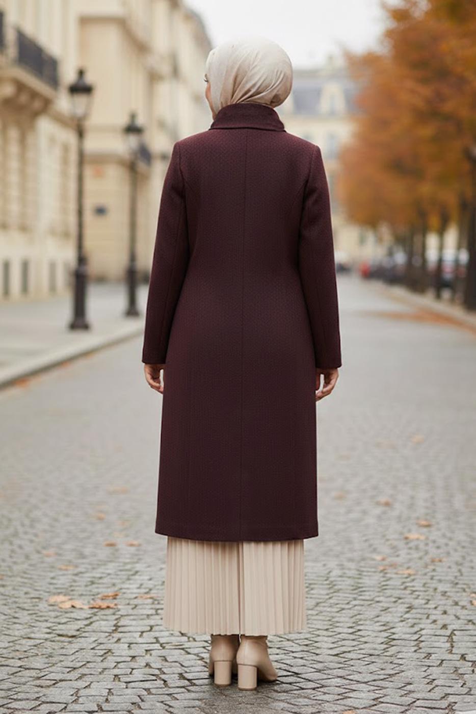 Hijab clothing CLARET RED BUTTONED CACHE COAT 9611 