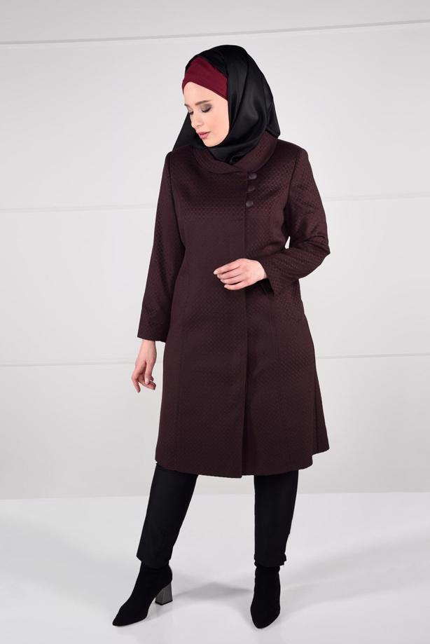 Vêtements hijab ROUGE BORDEAUX MANTEAU EN LAINE À BOUTONÉ 9611 - TRENDTESETTÜR