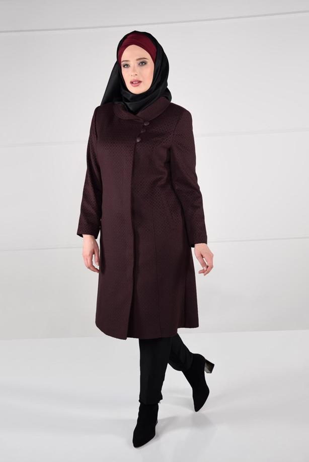 Vêtements hijab ROUGE BORDEAUX MANTEAU EN LAINE À BOUTONÉ 9611 - TRENDTESETTÜR