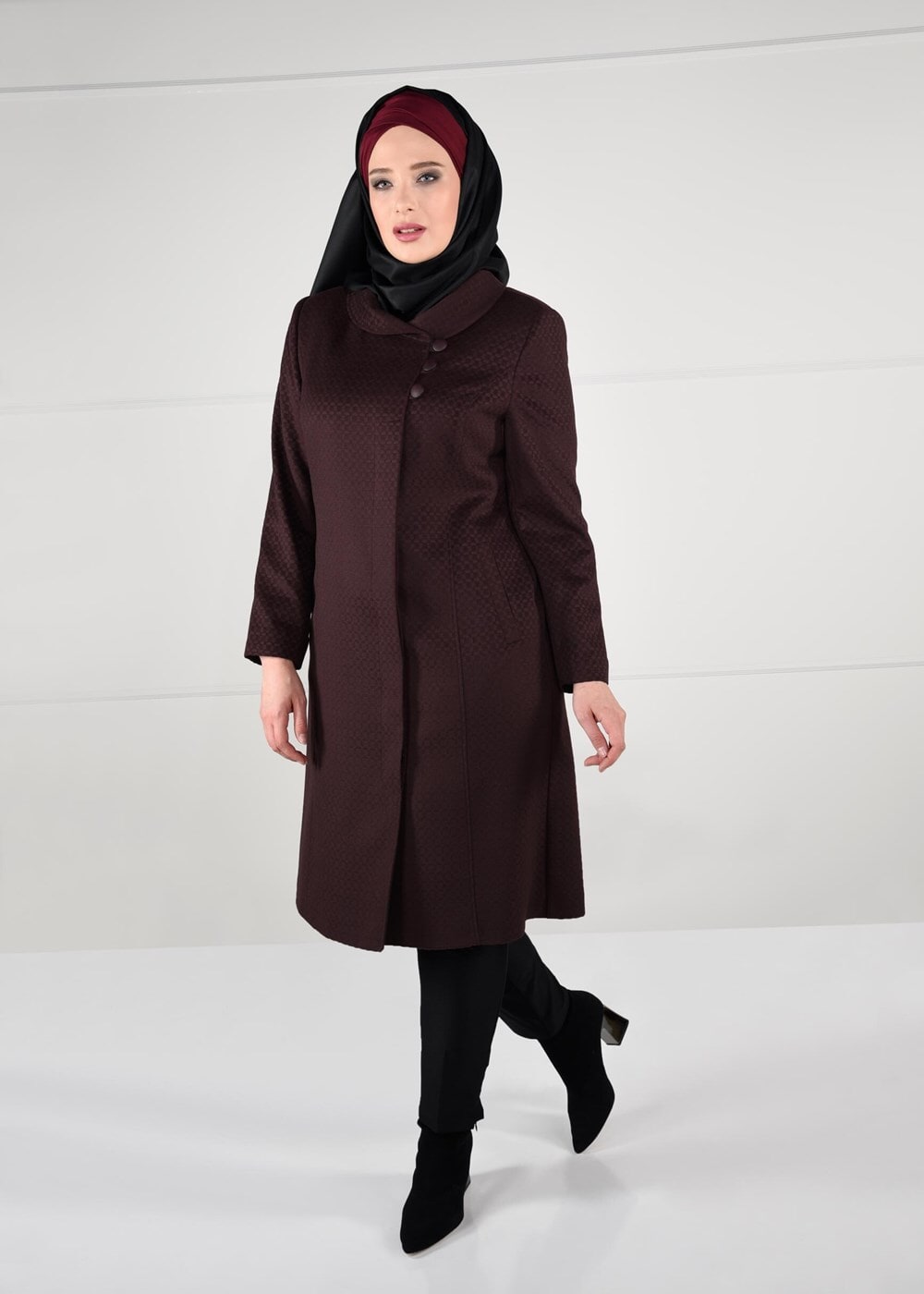 Hijab clothing CLARET RED BUTTONED WALKER COAT 9611 