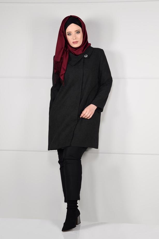 Vêtements hijab NOIR MANTEAU EN LAINE AVEC BROCHE 9618  - TRENDTESETTÜR