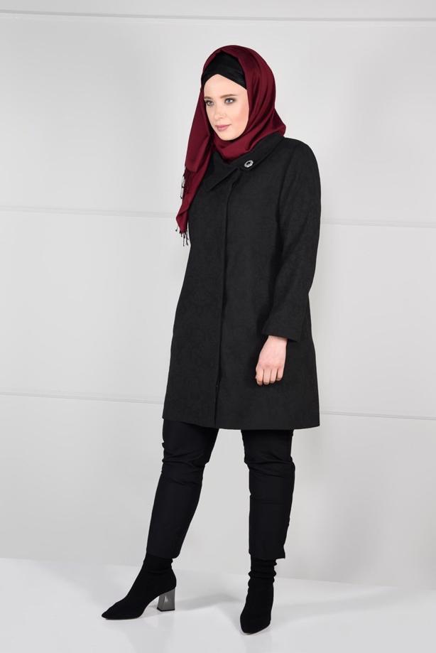 Vêtements hijab NOIR MANTEAU EN LAINE AVEC BROCHE 9618  - TRENDTESETTÜR