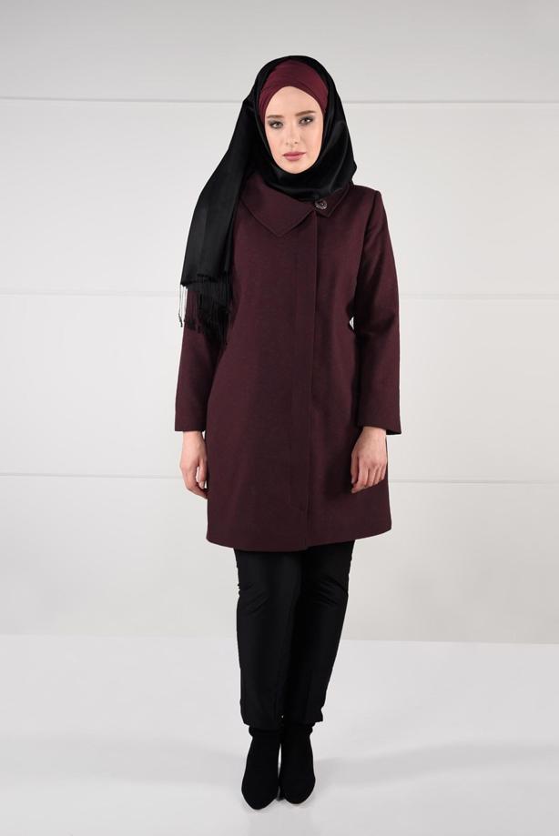 Vêtements hijab ROUGE BORDEAUX MANTEAU EN LAINE AVEC BROCHE 9618  - TRENDTESETTÜR