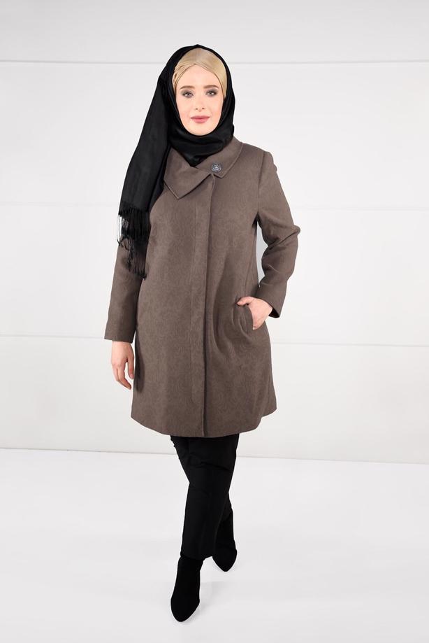 Vêtements hijab BRUN MANTEAU EN LAINE AVEC BROCHE 9618  - TRENDTESETTÜR