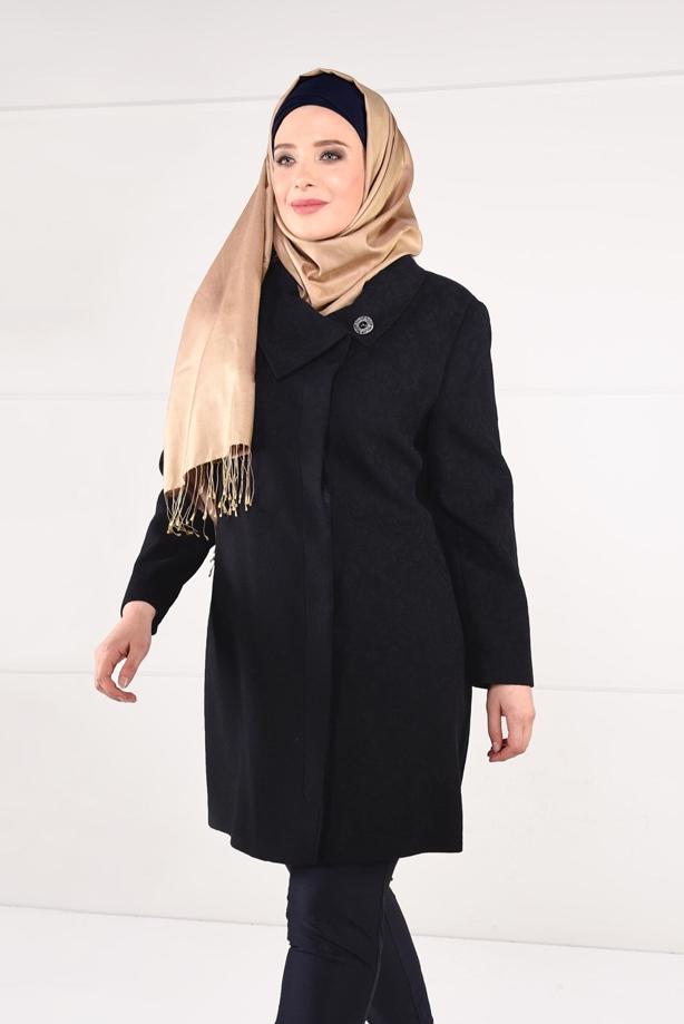 Vêtements hijab BLEU MARINE MANTEAU EN LAINE AVEC BROCHE 9618  - TRENDTESETTÜR