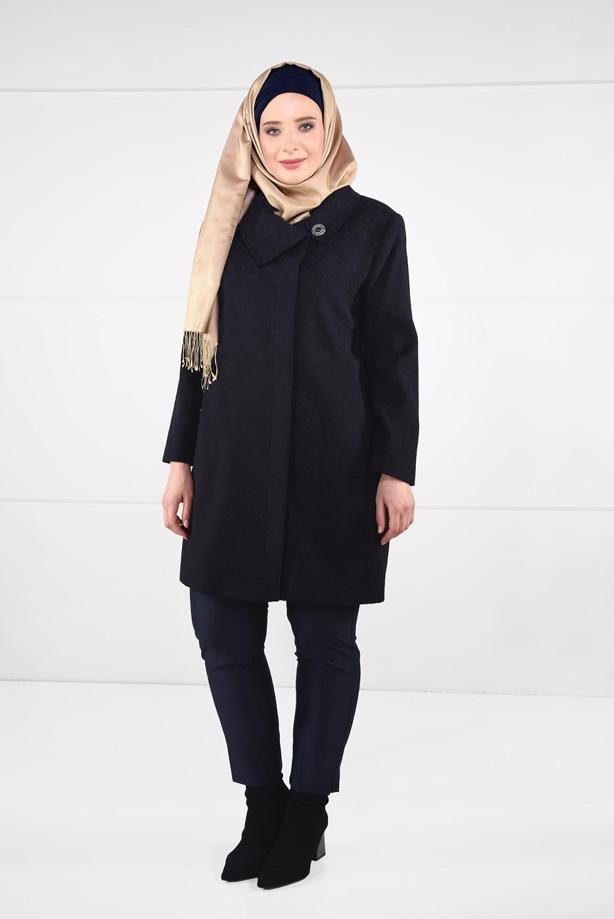 Vêtements hijab BLEU MARINE MANTEAU EN LAINE AVEC BROCHE 9618  - TRENDTESETTÜR
