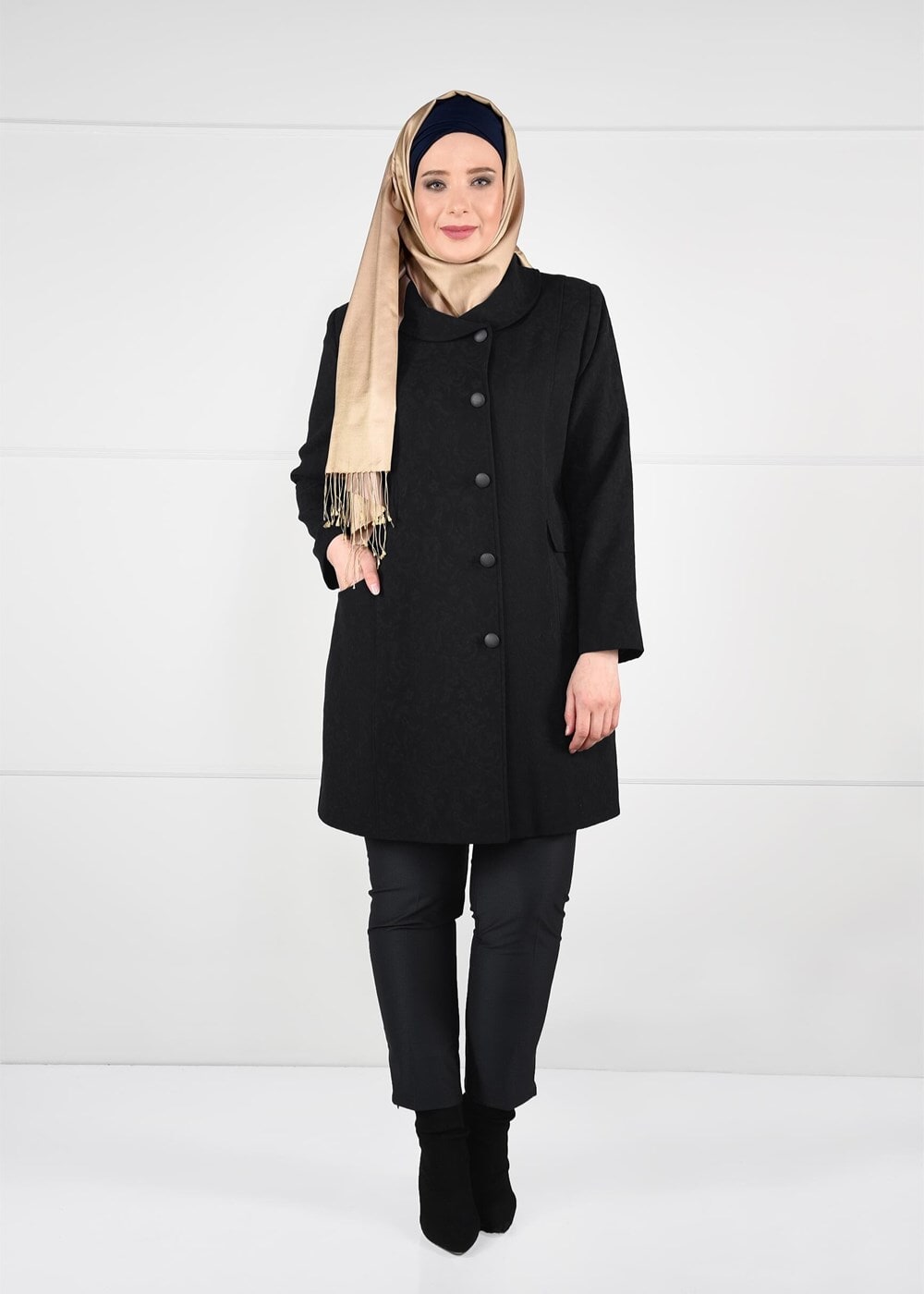 Hijab clothing BLACK BUTTONED JACQUARD COAT 9619 