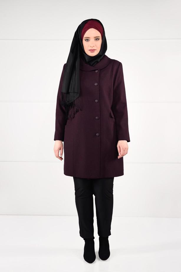 Vêtements hijab ROUGE BORDEAUX MANTEAU EN JACQUARD À BOUTONNÉ 9619  - TRENDTESETTÜR