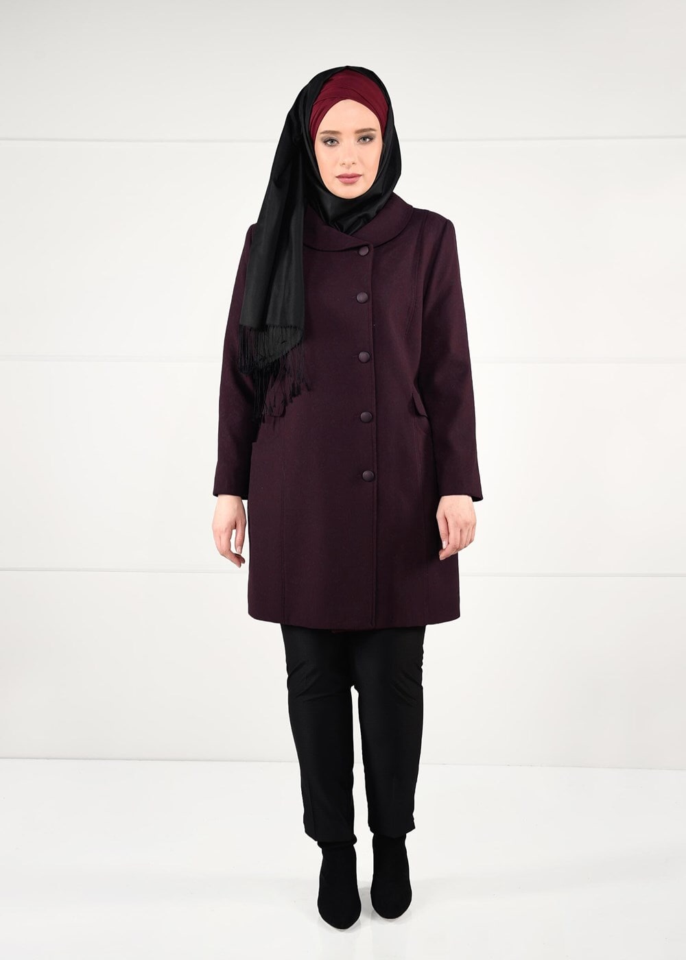 Vêtements hijab ROUGE BORDEAUX MANTEAU EN JACQUARD À BOUTONNÉ 9619 