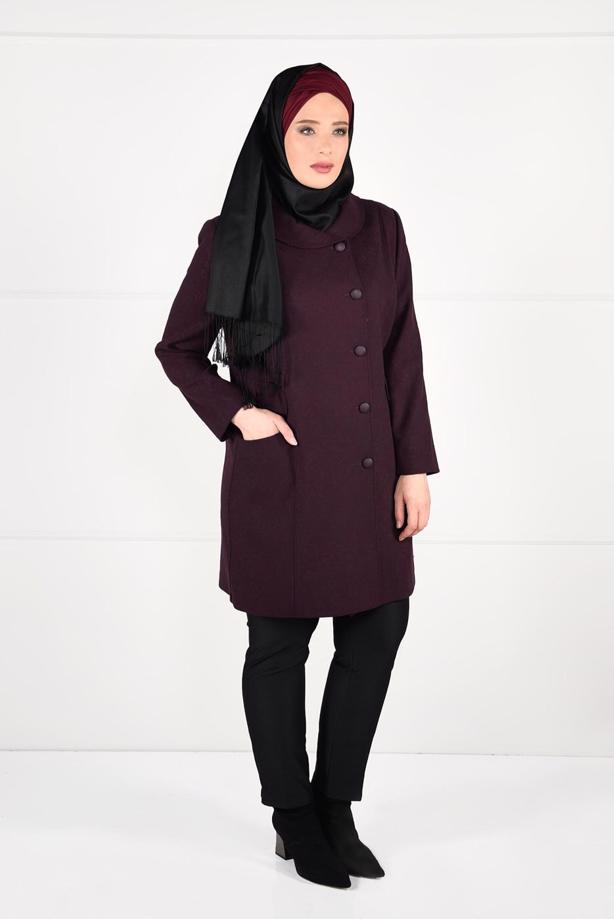 Vêtements hijab ROUGE BORDEAUX MANTEAU EN JACQUARD À BOUTONNÉ 9619  - TRENDTESETTÜR
