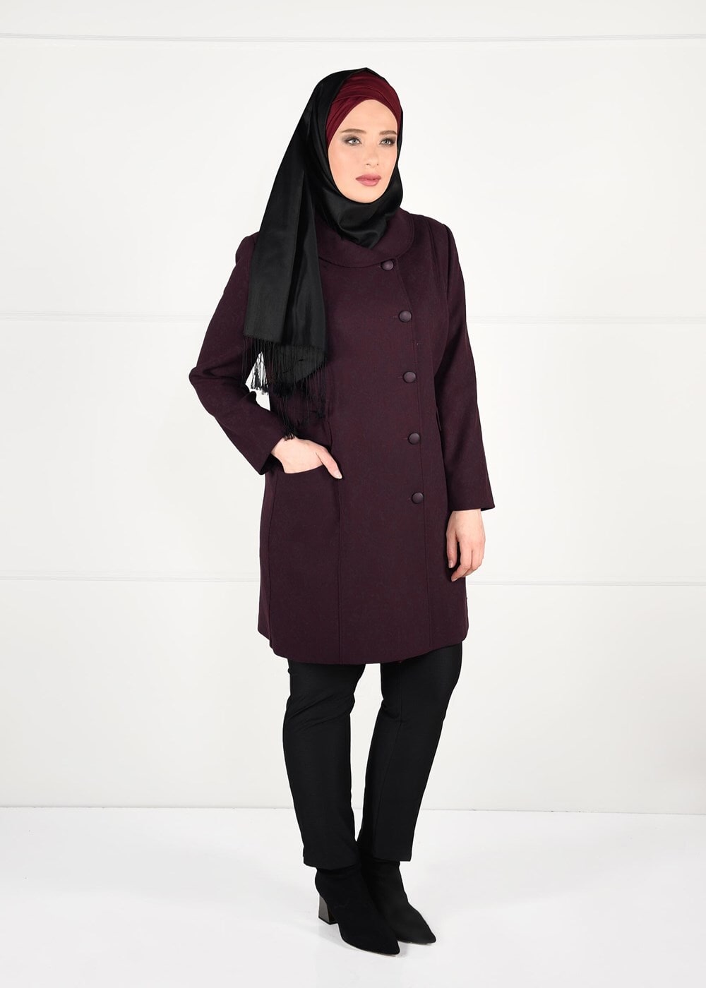Vêtements hijab ROUGE BORDEAUX MANTEAU EN JACQUARD À BOUTONNÉ 9619 