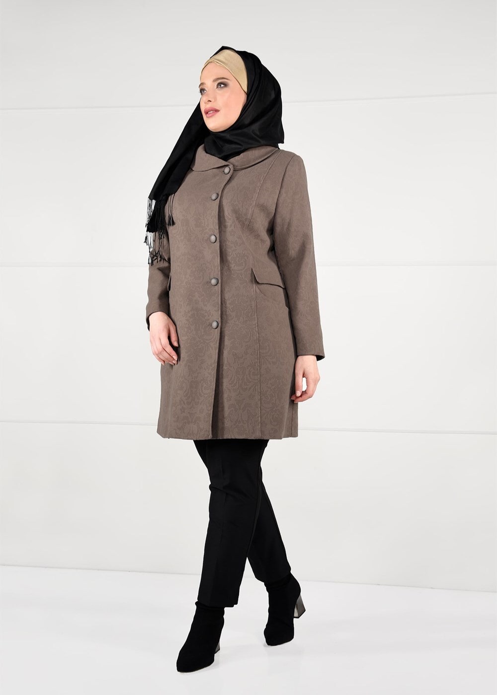 Hijab clothing BROWN BUTTONED JACQUARD COAT 9619 