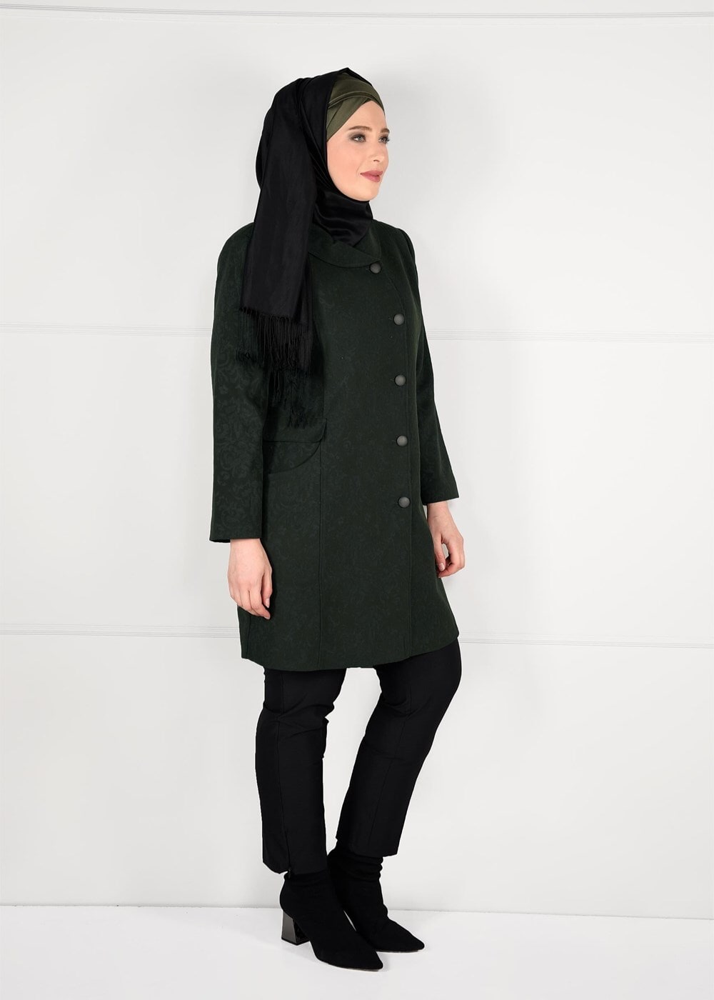 Hijab clothing KHAKI BUTTONED JACQUARD COAT 9619 