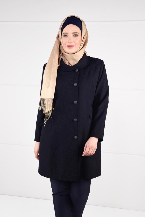 Vêtements hijab BLEU MARINE MANTEAU EN JACQUARD À BOUTONNÉ 9619  - TRENDTESETTÜR