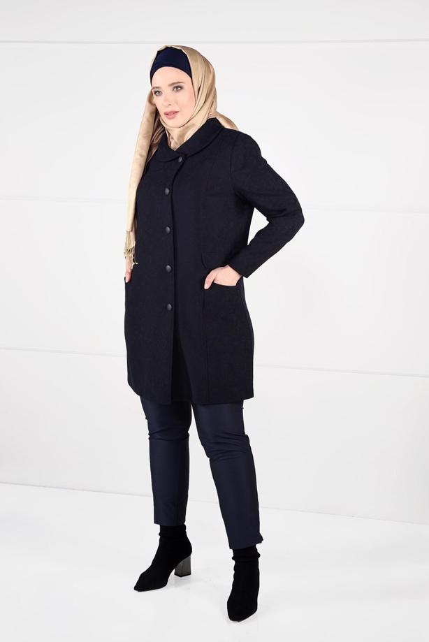 Vêtements hijab BLEU MARINE MANTEAU EN JACQUARD À BOUTONNÉ 9619  - TRENDTESETTÜR