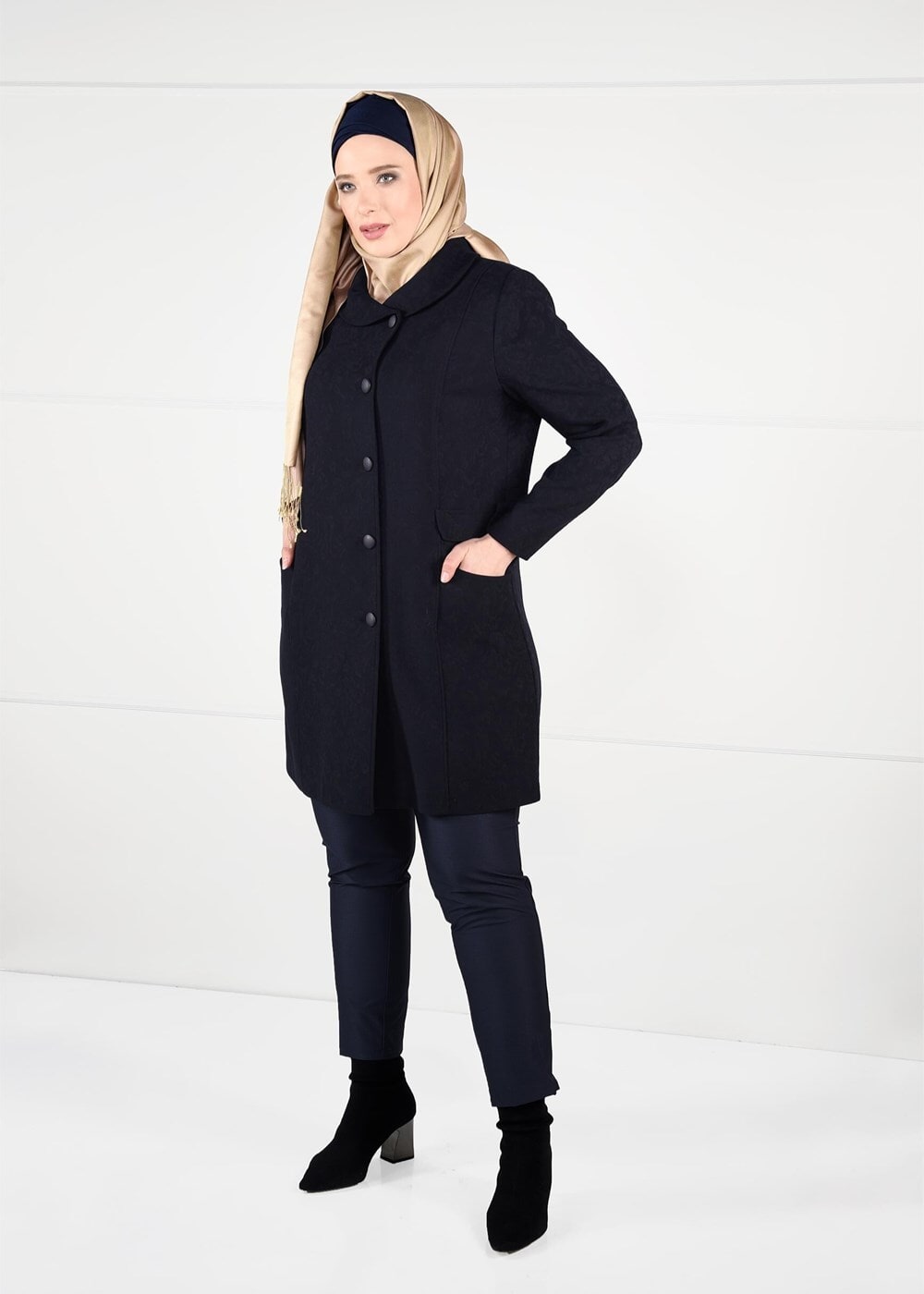 Hijab clothing NAVY BLUE BUTTONED JACQUARD COAT 9619 