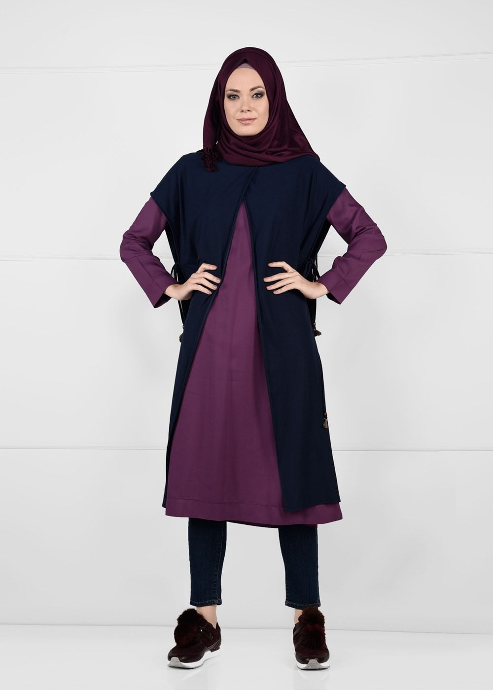 Tesettür giyim LACİVERT YANLARI BAĞCIKLI 2Lİ YELEKLİ TAKIM 42108