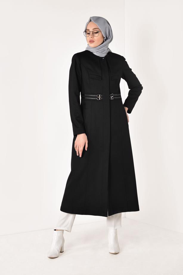 Hijab clothing BLACK CREW NECK BELT DETAIL COAT 9452  - TRENDTESETTÜR