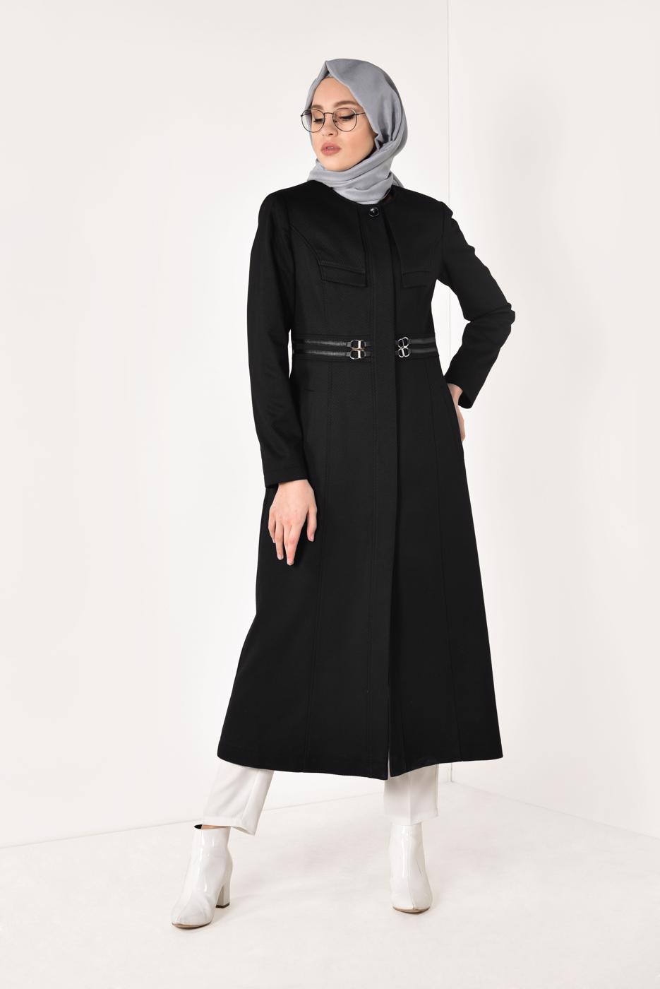 Hijab clothing BLACK CREW NECK BELT DETAIL COAT 9452 