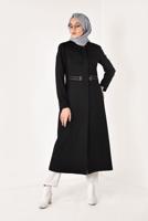 Hijab clothing BLACK CREW NECK BELT DETAIL COAT 9452 