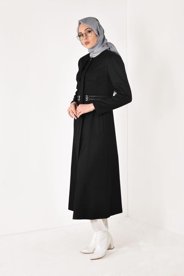 Hijab clothing BLACK CREW NECK BELT DETAIL COAT 9452  - TRENDTESETTÜR