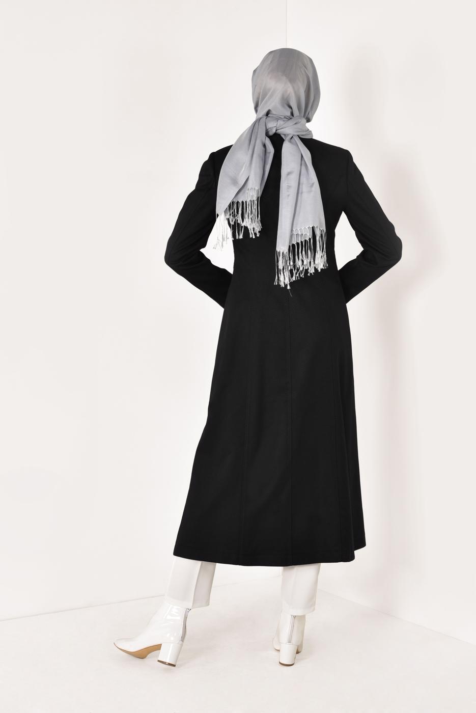 Hijab clothing BLACK CREW NECK BELT DETAIL COAT 9452 