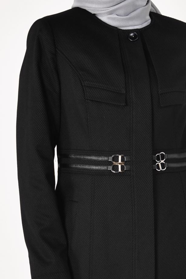 Hijab clothing BLACK CREW NECK BELT DETAIL COAT 9452  - TRENDTESETTÜR