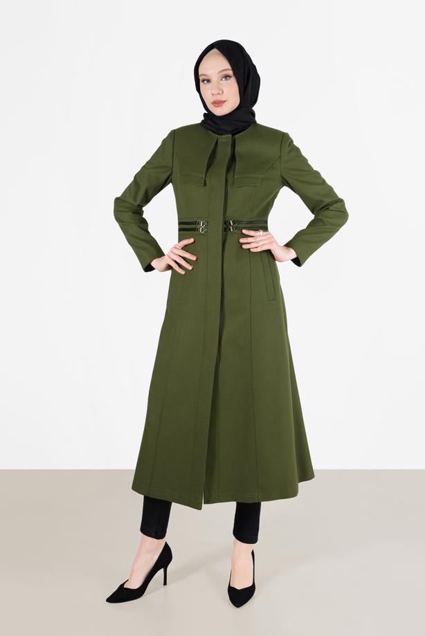 Vêtements hijab KAKI MANTEAU AVEC CEINTURE À COL ROND 9452 - TRENDTESETTÜR