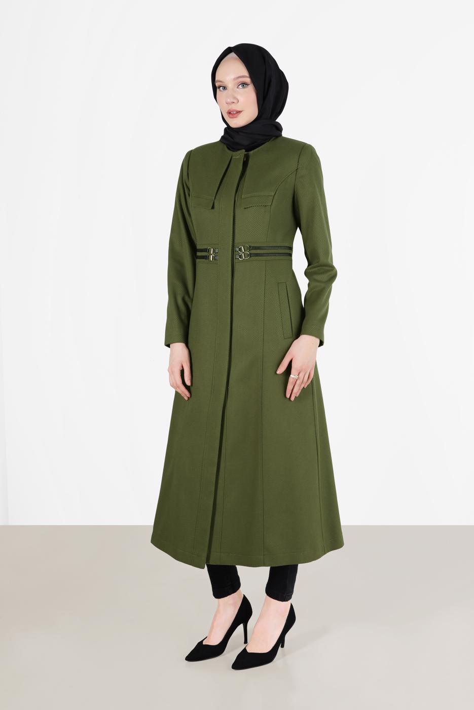 Vêtements hijab KAKI MANTEAU AVEC CEINTURE À COL ROND 9452