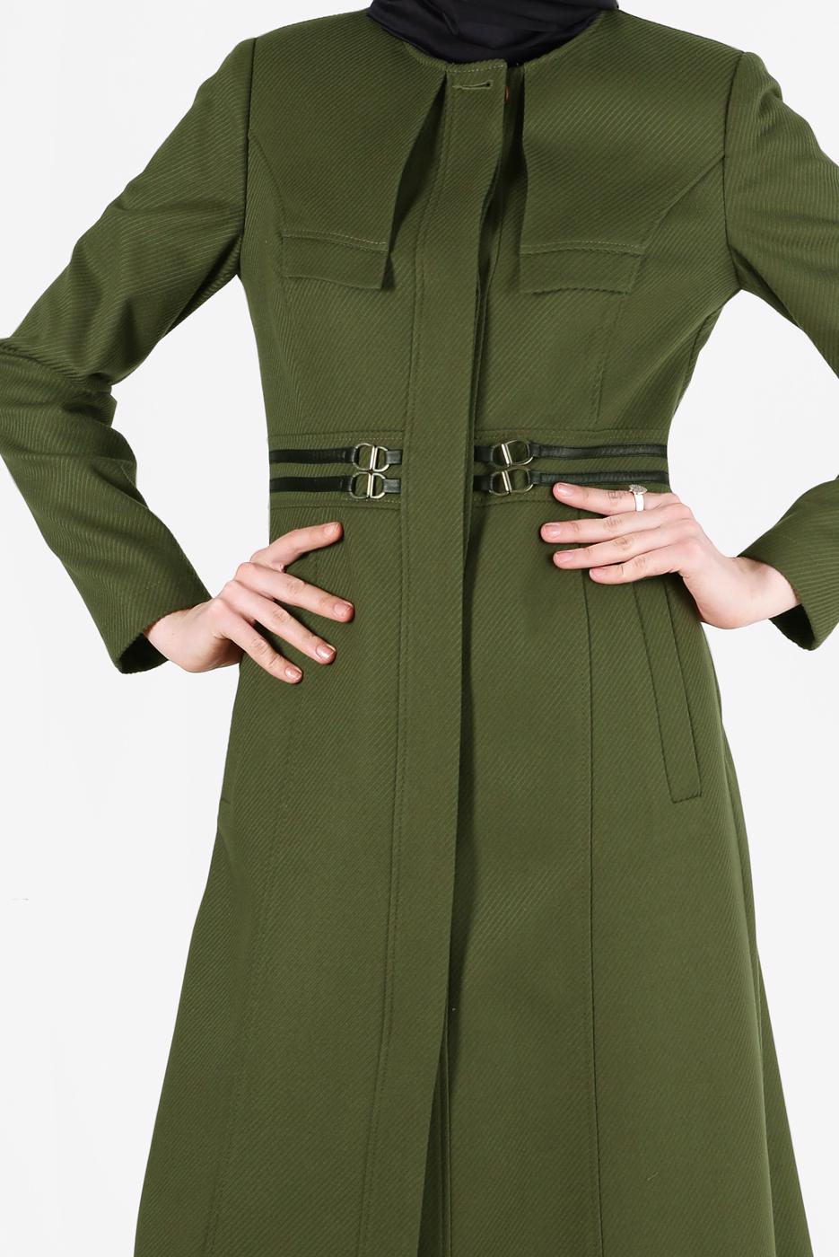 Vêtements hijab KAKI MANTEAU AVEC CEINTURE À COL ROND 9452