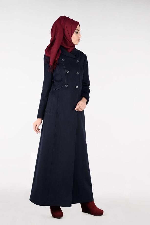 Tesettür giyim LACİVERT KRUVAZE DÜĞMELİ MANTO 9491 - TRENDTESETTÜR