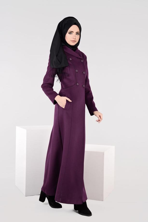 Hijab clothing PURPLE DOUBLE-BREASTED BUTTONED COAT 9491  - TRENDTESETTÜR