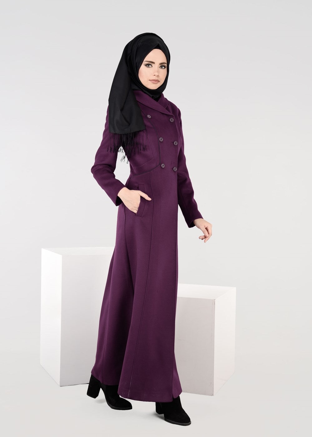 Hijab clothing PURPLE DOUBLE-BREASTED BUTTONED COAT 9491 