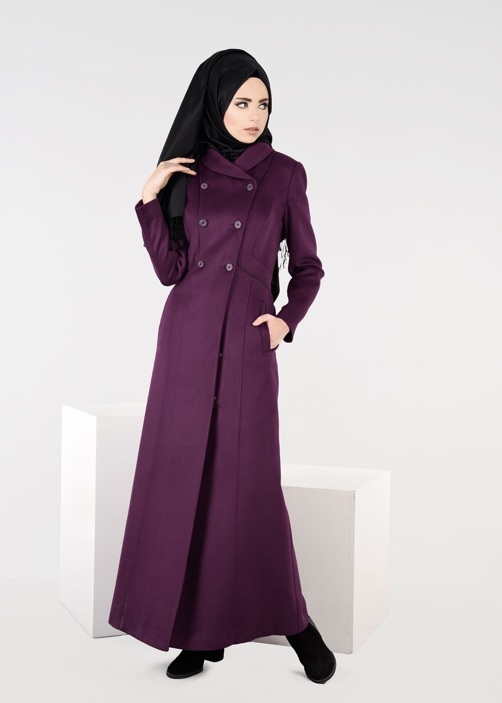 Hijab clothing PURPLE DOUBLE-BREASTED BUTTONED COAT 9491 