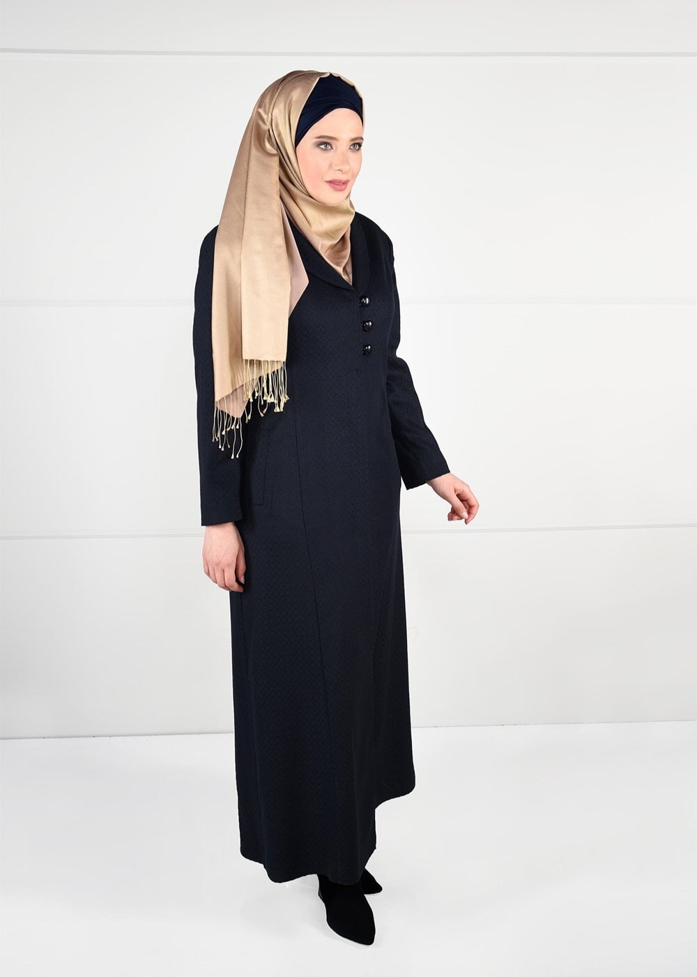 Hijab clothing NAVY BLUE BUTTONED WOOL BLEND COAT 9574 