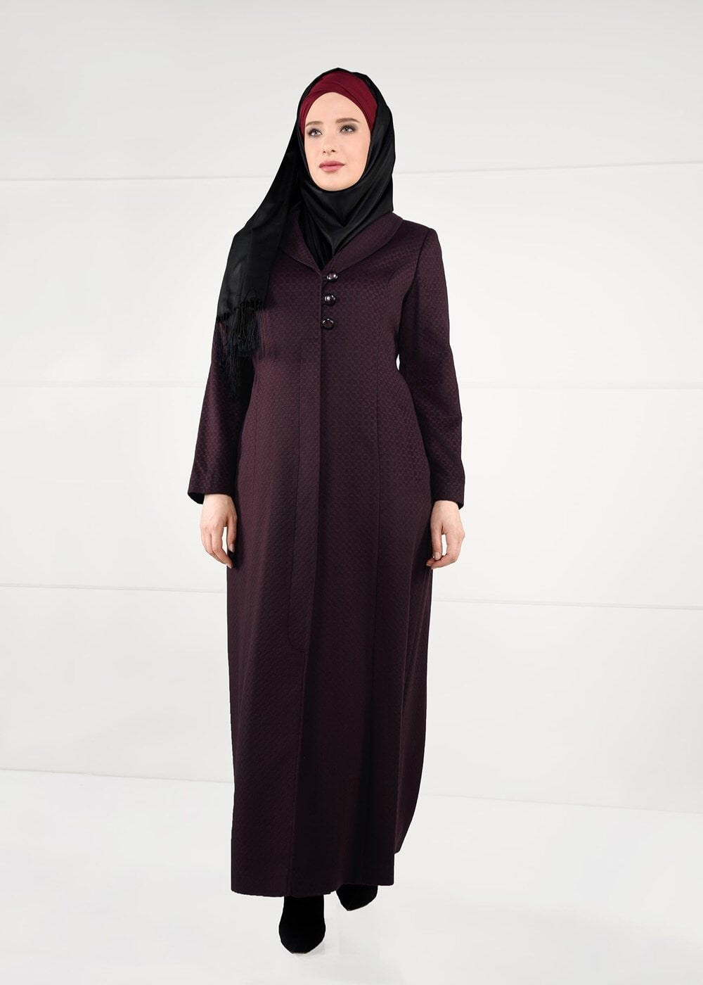 Vêtements hijab ROUGE BORDEAUX MANTEAU EN LAINE À BOUTONNÉ 9574