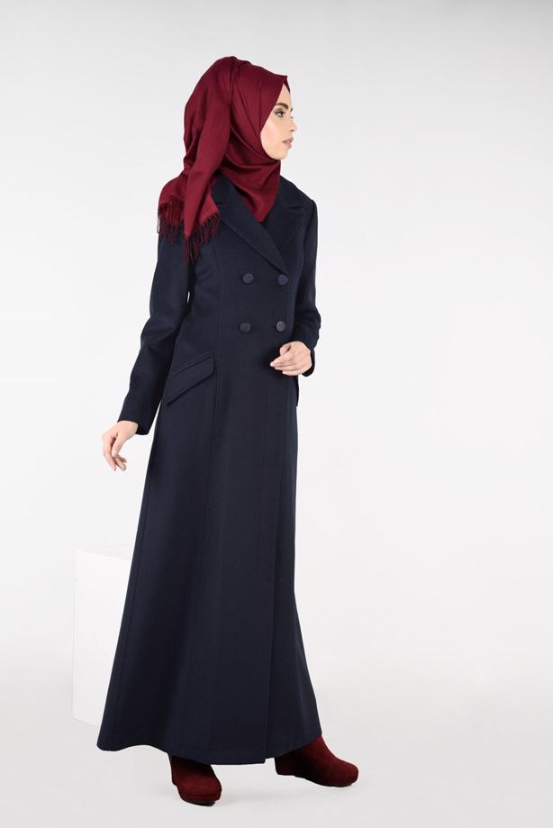 Tesettür giyim LACİVERT KRUVAZE DÜĞMELİ MANTO 9583  - TRENDTESETTÜR