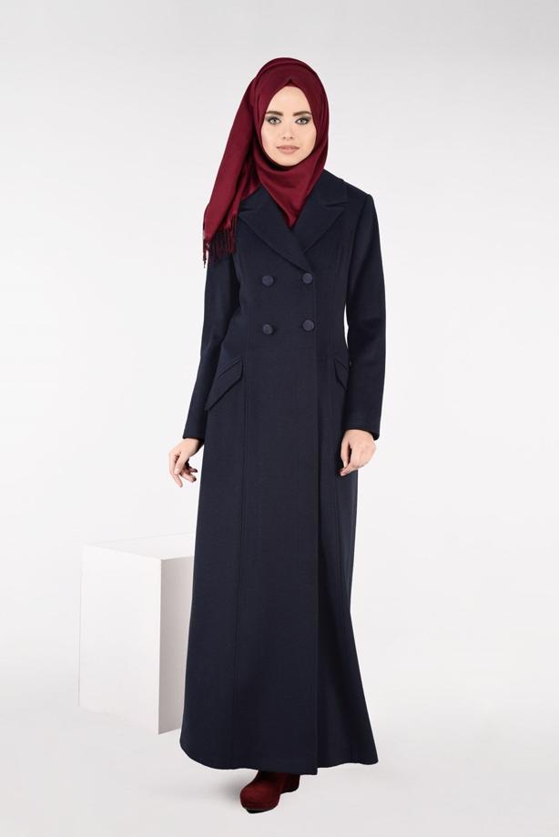 Tesettür giyim LACİVERT KRUVAZE DÜĞMELİ MANTO 9583  - TRENDTESETTÜR