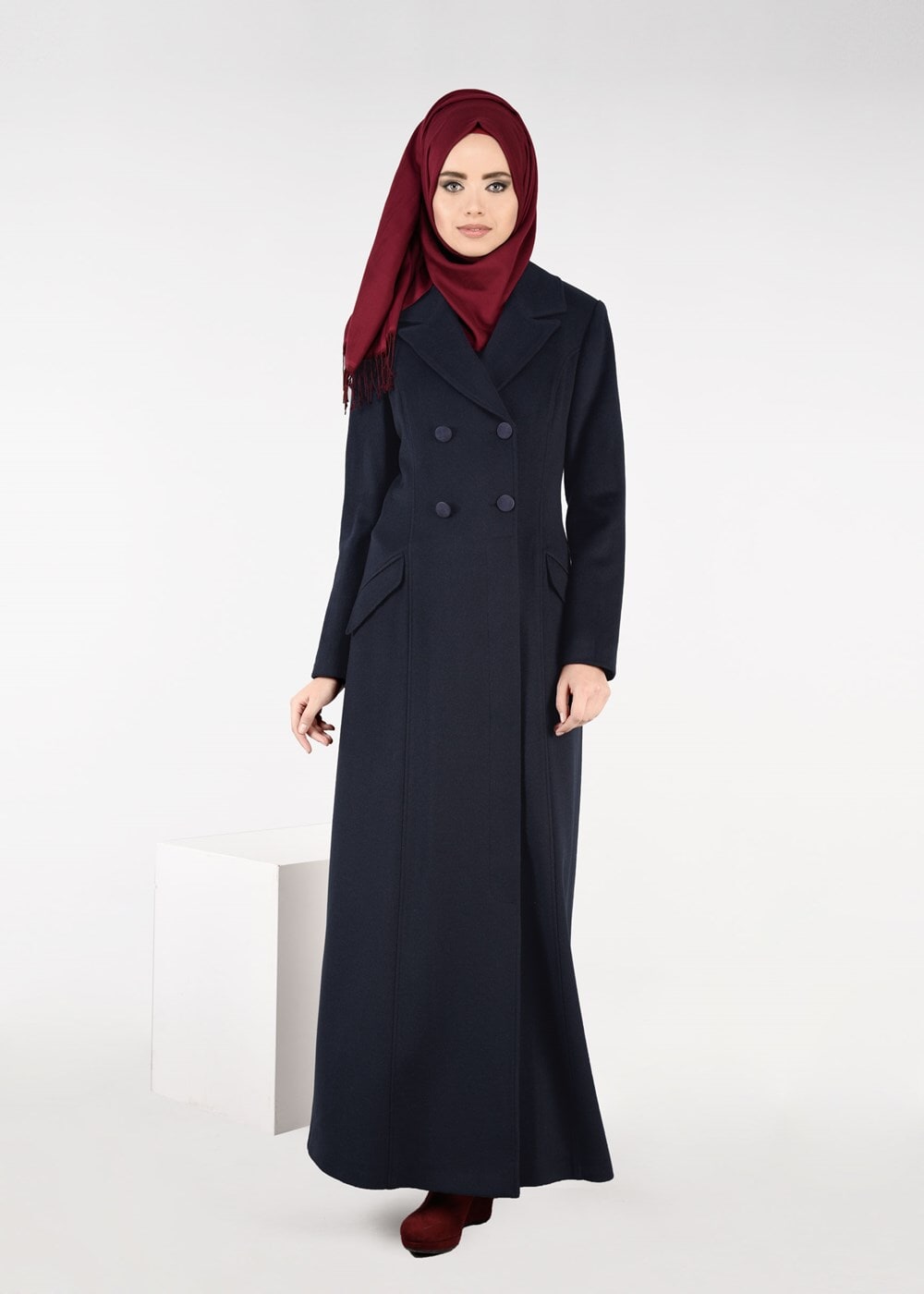 Tesettür giyim LACİVERT KRUVAZE DÜĞMELİ MANTO 9583 