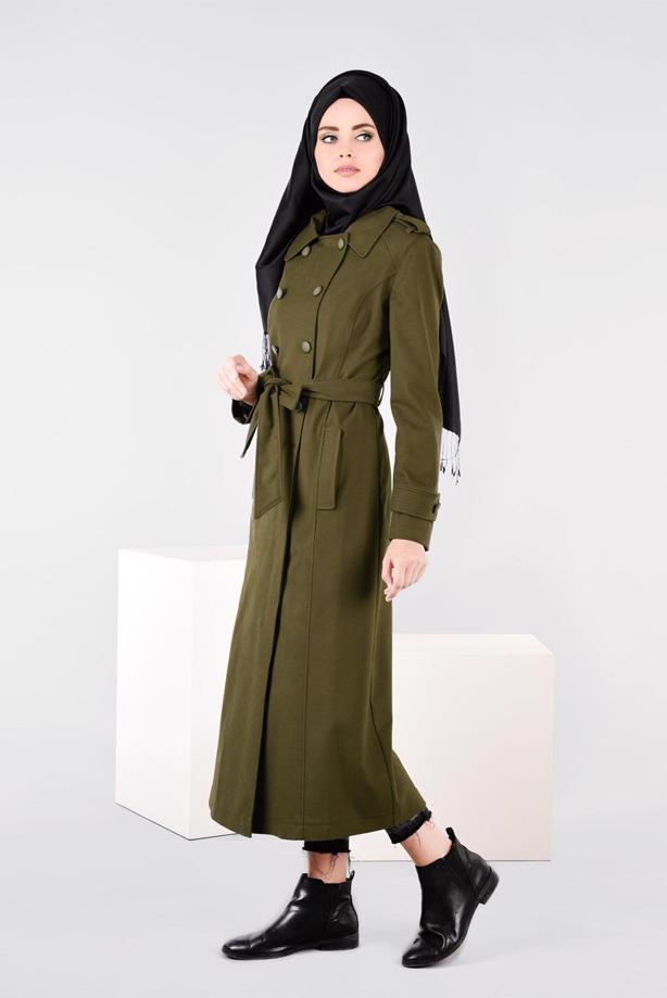 Tesettür giyim HAKİ KRUVAZE DÜĞMELİ MANTO 9592 - TRENDTESETTÜR