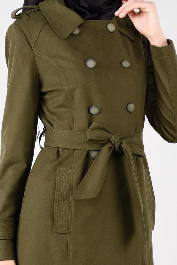 Tesettür giyim HAKİ KRUVAZE DÜĞMELİ MANTO 9592 - TRENDTESETTÜR