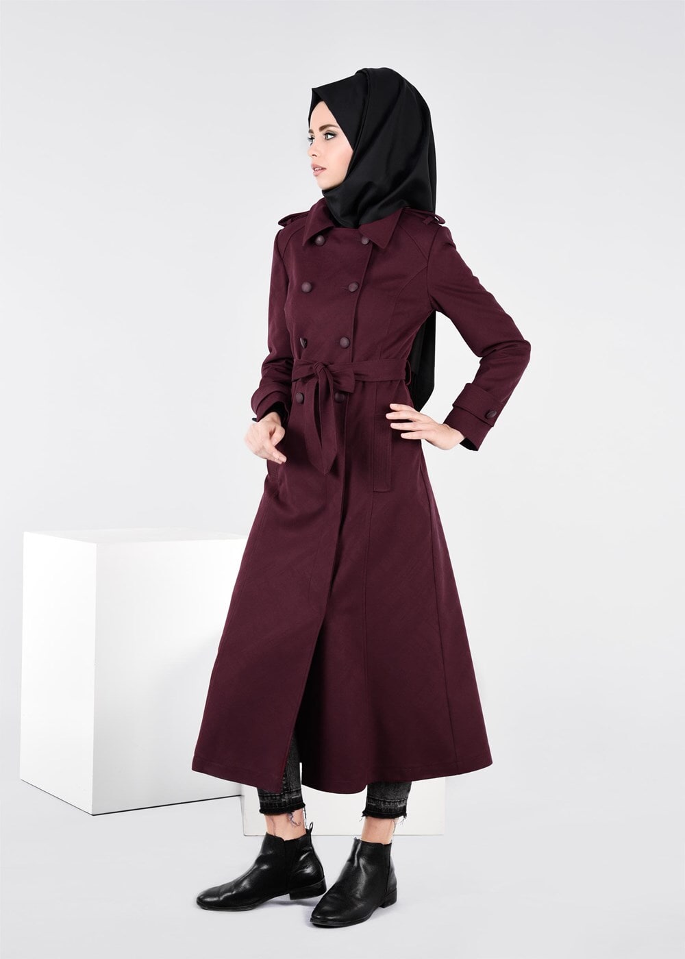 Vêtements hijab PRUNE MANTEAU CROISÉ À BOUTONÉ 9592 