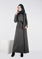 Tesettür giyim GRİ KUŞAKLI FERMUARLI MANTO 9603