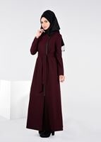 Tesettür giyim MÜRDÜM KUŞAKLI FERMUARLI MANTO 9603