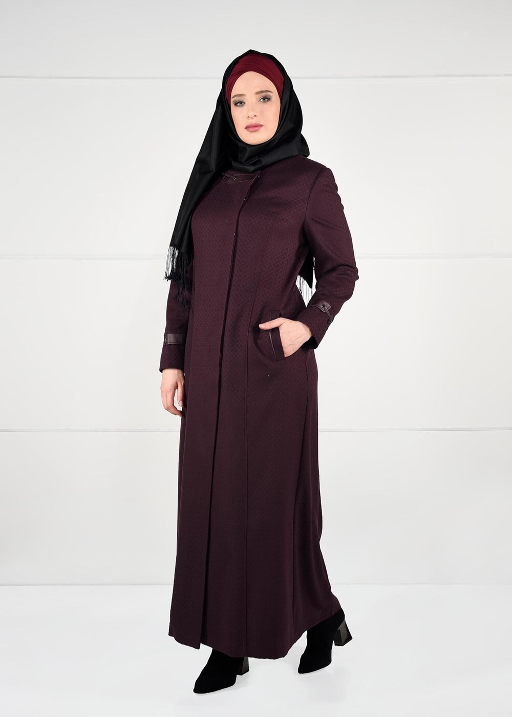 Hijab clothing CLARET RED WALKER COAT WITH POCKETS 9616 