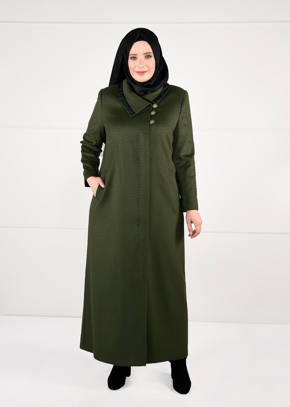 Tesettür giyim HAKİ DÜĞME DETAYLI MANTO 9620 