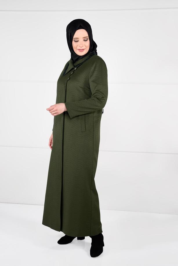 Tesettür giyim HAKİ DÜĞME DETAYLI MANTO 9620  - TRENDTESETTÜR