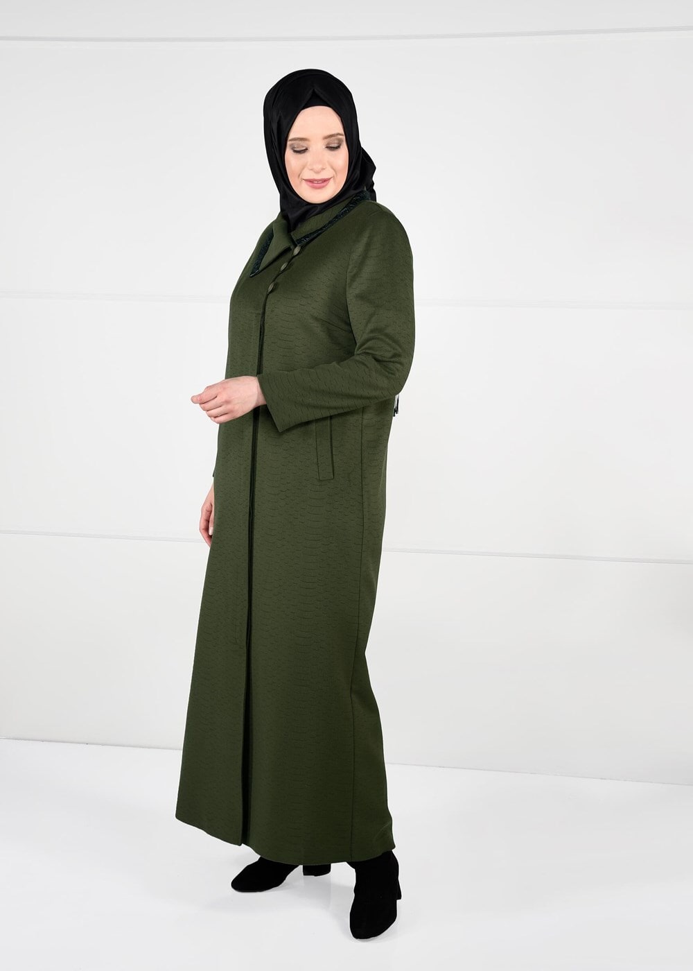 Tesettür giyim HAKİ DÜĞME DETAYLI MANTO 9620 