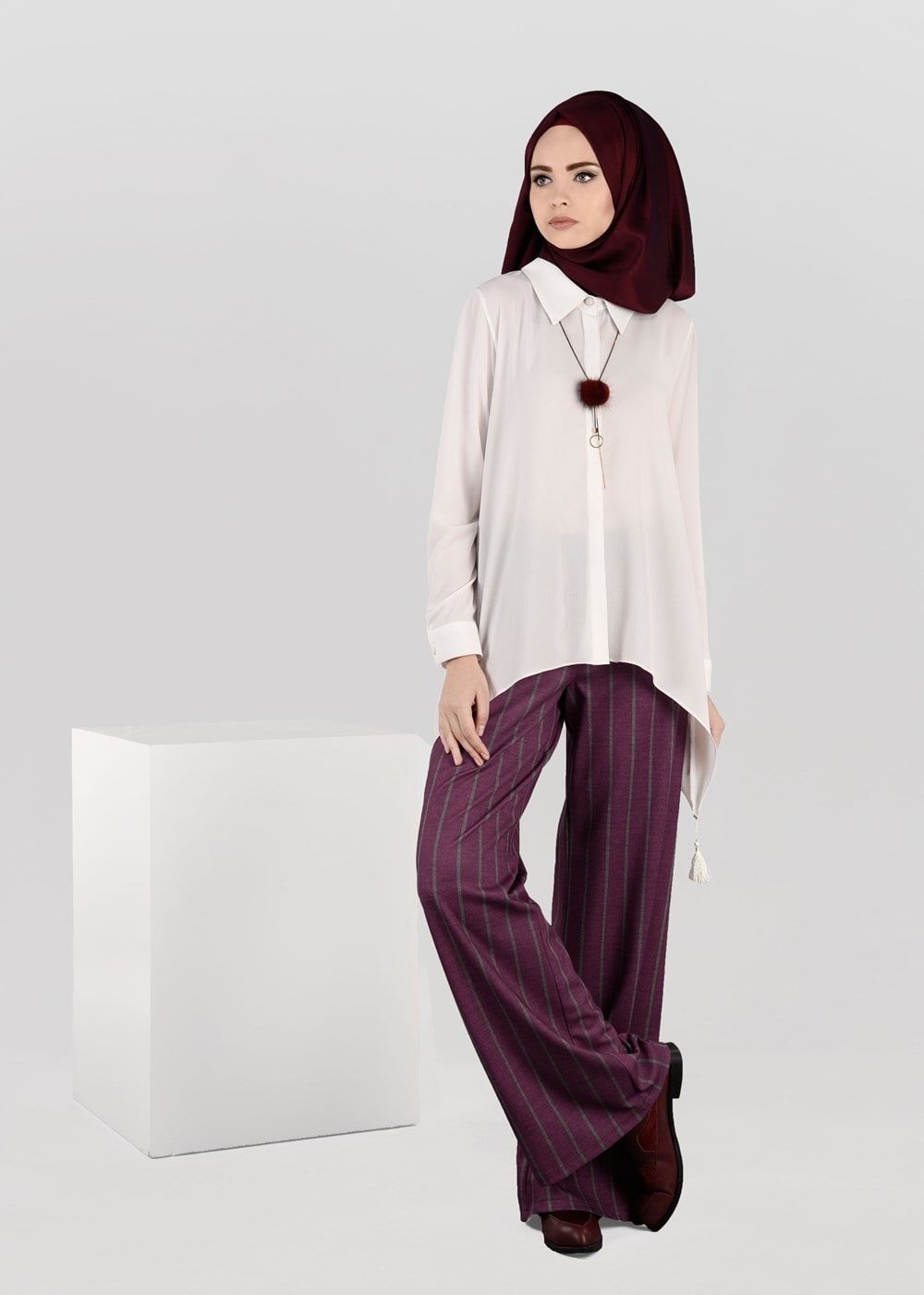 Tesettür giyim BORDO ÇİZGİLİ SALAŞ PANTOLON 7034